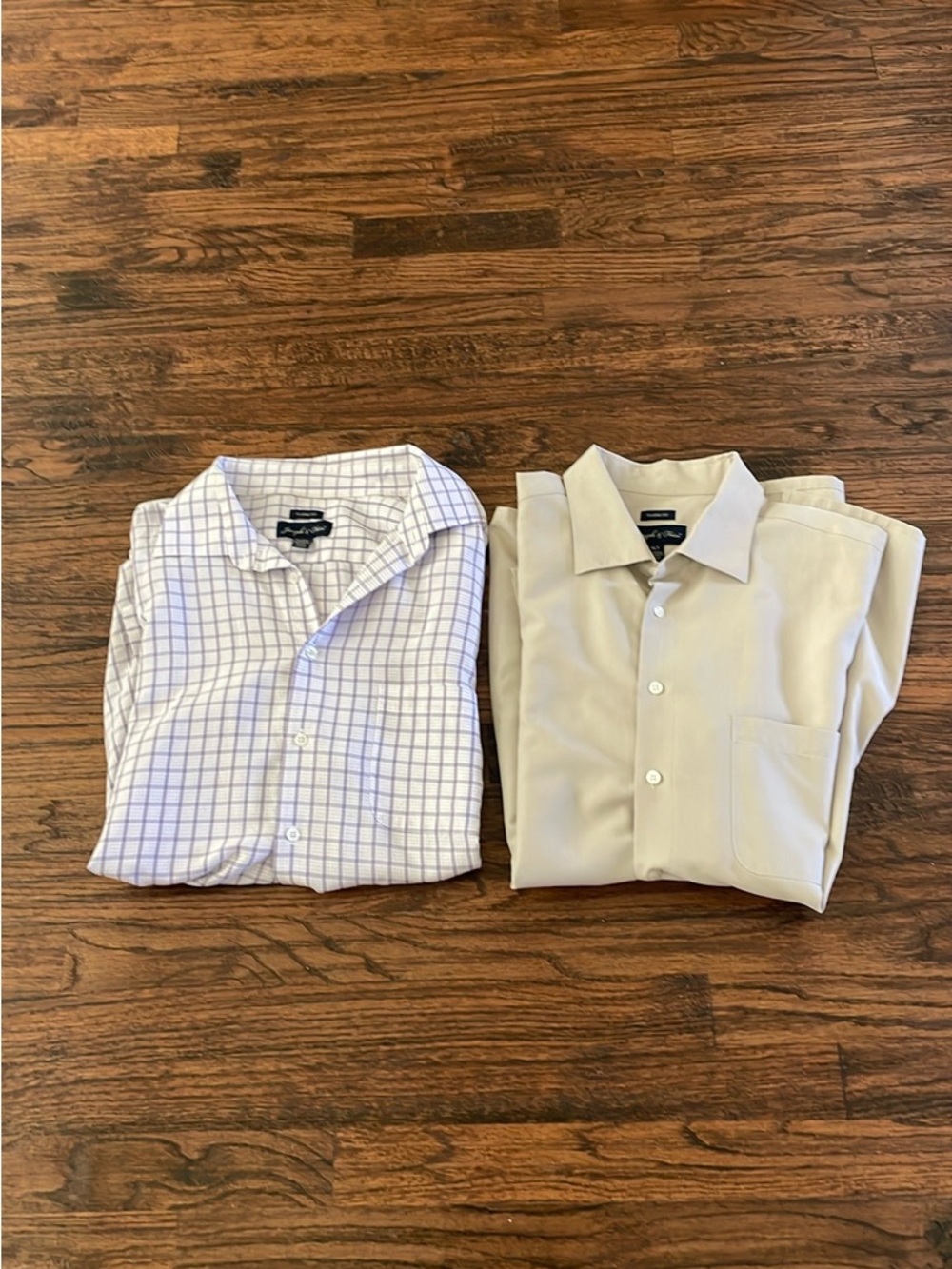 Men’s Beige Solid & White Plaid Dress Shirts - Twin Pack